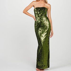 Helsi Sequin Strapless Column Goln Olive Green M $565